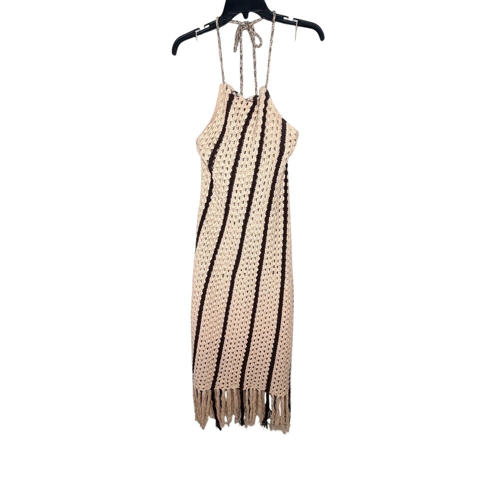 Moon River Crochet Halter Fringe Midi Dress Sz M Striped Boho Earthy Granolagirl